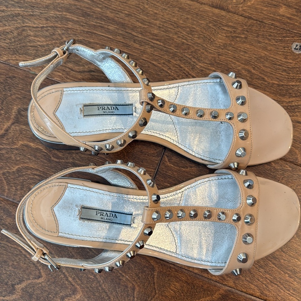 Prada Beige Silver Studded Sandals | size: 37.5